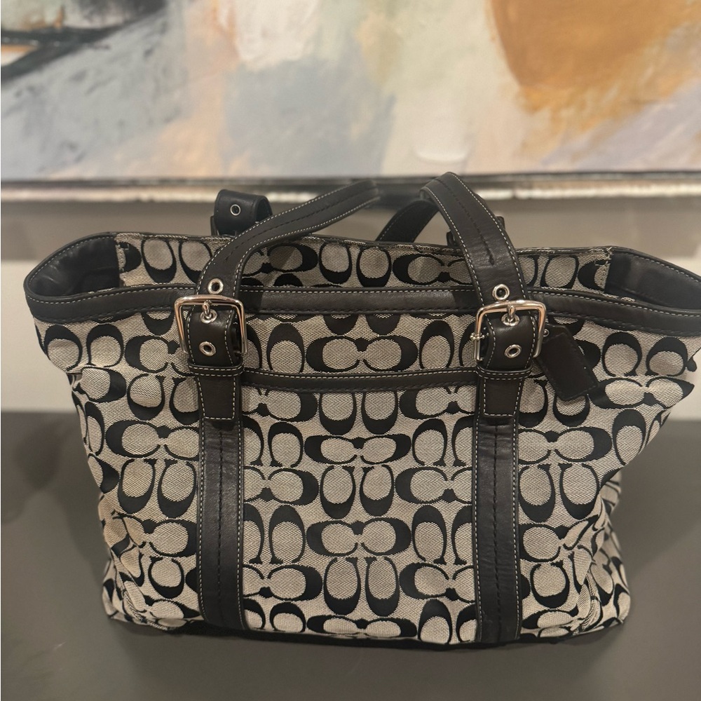 Coach Black and Cream Signature Tote Bag